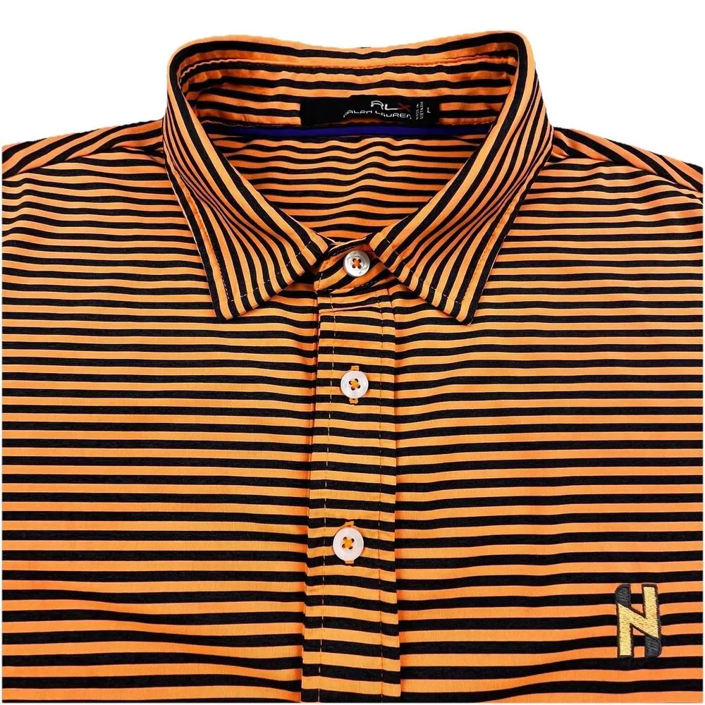 Ralph Lauren RLX Polo Shirt Mens Large Orange Black Stripe Performance Golf Tour